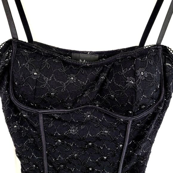 Byline Floral Lace Bustier Size M Black Silver Metallic Feminine Glam Y2K Style - Picture 5 of 9